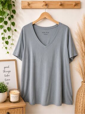Ava & Viv Women's V-Neck Tee in Soft Gray-Blue